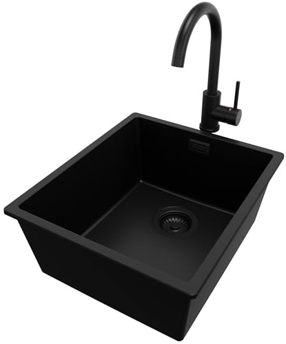 PRIMAGRAN Unterbauspüle ab 45er Unterschrank + Küchenarmatur, 41x47cm | Set: Küchenarmatur BW5010 + Ablauf-Set (Siphon, Ablaufgarnitur, Überlauf) + Spülbecken 1 Becken - London, Alles Schwarz