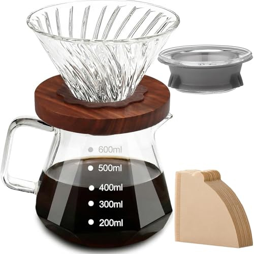 Cnwinu Pour Over Coffee Maker Set,600 ML Clear Borosilicate Glass Coffee Server,Coffee Dripper with 100 PCS Coffee Filter Papers Walnut Base&Glass Lid,Filter Coffee Maker for Home,Cafe,Restaurant