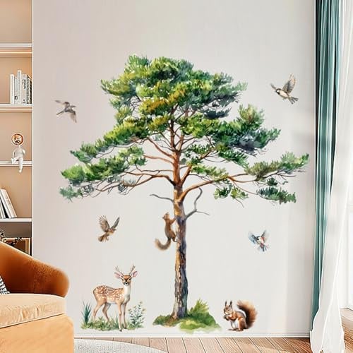 Stickers Muraux Arbre Autocollant, 111,6x114,9 cm, Grande Décoration Murale Forêt avec Cerf, Écureuil et Moineaux, Décor Moderne pour Chambre d'enfant, Salon et Couloir