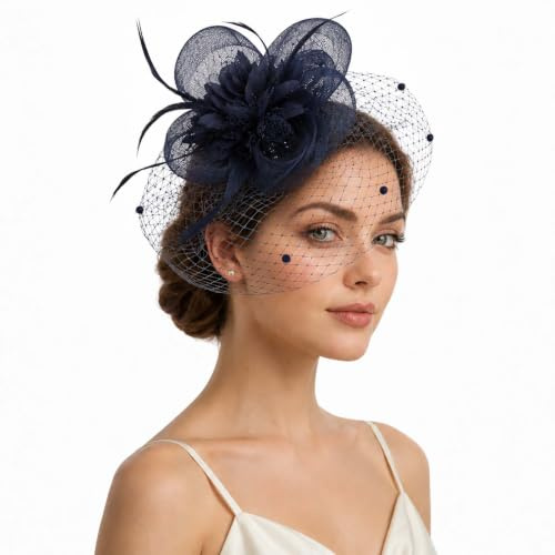 GEEKPC Navy Blue Fascinator Hat with Floral Feathers and Veil - Lightweight Headpiece with Birdcage Veil, Beaded Tulle, Dual-Wear Clip Headband for Women, for Weddings, Race Days