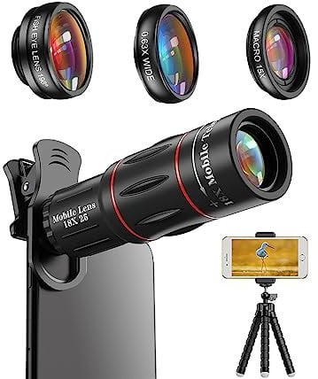 APEXEL 18x Lente per Telescopio, Obiettivo Grandangolare da 0,63x e Obiettivo Macro 15x, Fisheye da 198 °, Treppiede Flessibile per iPhone e la Maggior Parte degli Smartphone