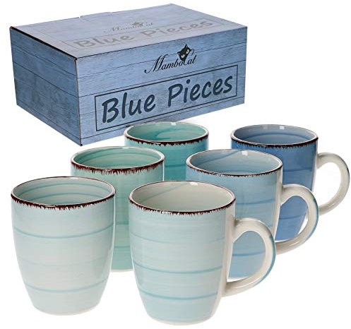 6-tlg. Kaffeebecherset Blue Blautöne 350 ml Steingut-Tassen rund Trink-Becher für Heiß-Getränke Tee-Pott abstraktes Strudel-Dekor Geschirr