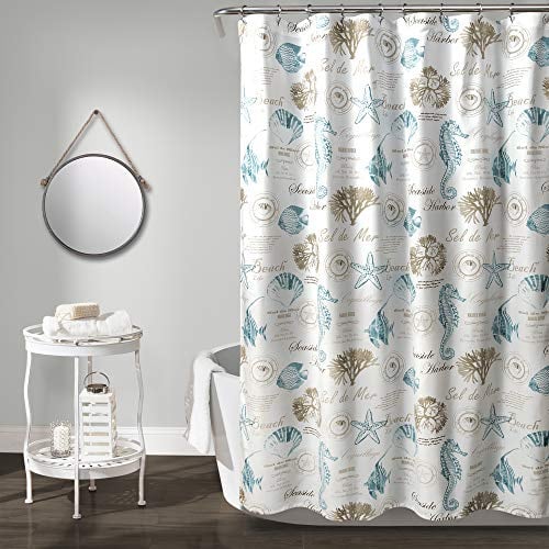Lush Decor Rideau de Douche Harbor Life, 182,9 cm de Large x 182,9 cm de Long, Bleu et Taupe – Imprimé Corail, Poisson et Étoile de Mer – Rideau de Douche Hippocampe et Coquillages