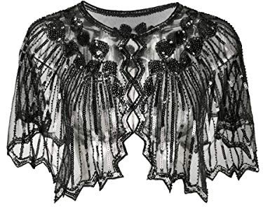 Grouptap 1920er Jahre Gatsby Schal Bolero Pailletten Cape Achselzucken Wrap für Schwarze Frauen Damen Flapper Art Deco Vintage Kleid Kostüm (Schwarz, Einheitsgröße)