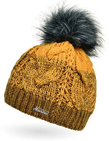 Neverless® Damen Strick-Mütze gefüttert Fleece-Innenfutter Fell-Bommel Kunstfell Winter-Mütze Bommelmütze Zopfmuster Mehrfarbig dunkelgelb-gelb