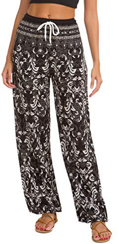 EXCHIC Damen Sommer Elastische Taille Boho Haram Hose Beilaufig Strand Hippie Hose Yoga mit Taschen (L, 21)