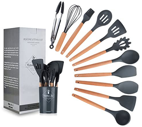 11 pièces de batterie de cuisine en silicone ensemble poignée en bois résistant à la chaleur seau de rangement de gadget de cuisine ustensiles de cuisine antiadhésifs (Gris foncé)