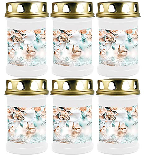 HS Candle Grabkerze Grablicht - 6er Pack - (Schmetterling) - ca 40h Brenndauer je Kerze (14,5cm, Ø 7cm) - viele Verschiedene Designs