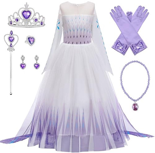 New front Déguisement Princesse Elsa Fille Robe de Princesse Reines des Neiges 2 Manches Longues Costume et Accessoires Noël Halloween Anniversaire Robe de Cosplay Couronne Baguette,Violet,100