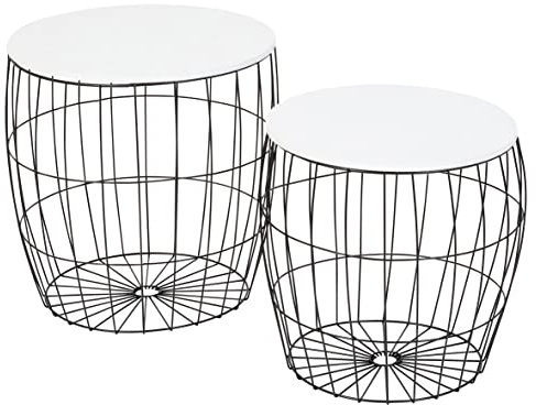 Ribelli Metalltisch schwarz – Holzplatte auf stabilem Metallgestell – Nachttich Beistelltisch ideal für Wohnzimmer, Schlafzimmer, Büro und Co. – Zwei Tische im Set (2er Set Weiße Platte Rund)