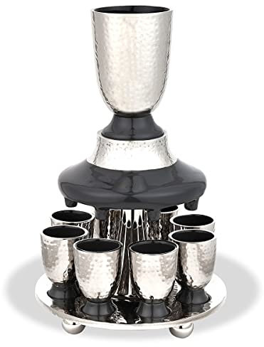 Elegant Display Kiddush Cup Wine Fountain Set - Hammered Metal with Enamel Detailing - Large Goblet, 8 Matching Shot Cups for Shabbat, Passover, Yom Tov, Wedding Gifts by Zion Judaica (Grey)