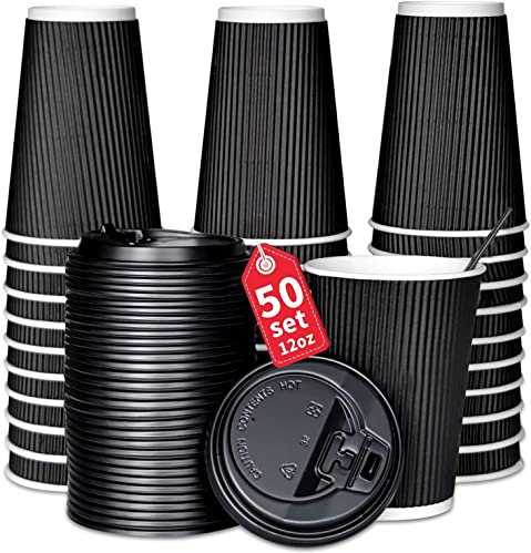 12oz Black Ripple Coffee Cups to Go with Black Lids [12oz, 340ml, 50 Pack] Disposable Takeaway Insulated Biodegradable Paper Cups for Tea and Hot Drinks