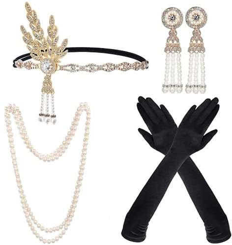 Meiruier 1920 Zubehör-Set, 1920er Jahre Mode Stirnband Halter Lange Handschuhe Perlenkette Great Gatsby Accessoires für Frauen, Charleston Fancy Set (Style 1)
