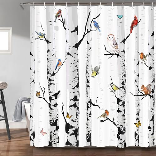 Uokiuki Rideau de douche de Noël en tissu avec crochets pour salle de bain, motif oiseaux d'hiver, blanc, noir, bouleau, forêt, 175 x 178 cm