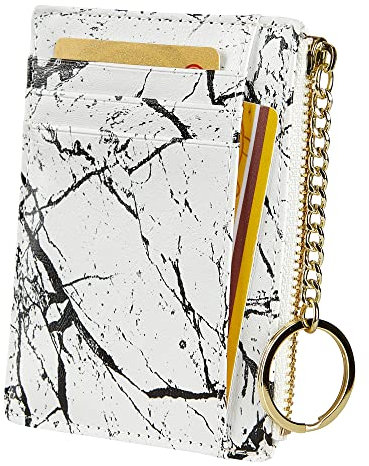 Porte-Monnaie Fin Minimaliste pour 8 Cartes pour Femme avec Poche Avant, Marbre Blanc., 8 Cards