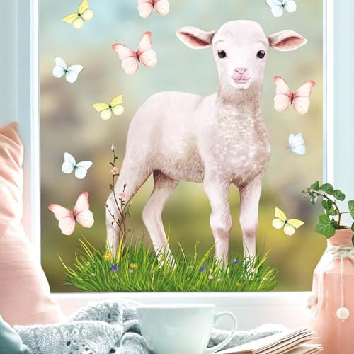 Wandtattoo Loft Fensterbilder Frühling Selbstklebend Lamm auf Blumenwiese Motiv – A4 Bogen, Wiederverwendbar – Deko Frühling, Frühlingsbild Fenster, Fensterdeko Frühling, Fensterbild Ostern