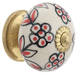 Rasiya Art Door Knobs Ceramic - Countryside Boho Handmade Ceramic Drawer Pulls Kitchen Cabinets Cupboard Wardrobe Handle Furniture Hardware - Red and Black Floral - Pack of 4