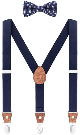 WANYING Unisex Kleinkind Kinder Hosenträger Fliege Set - Y Form 3 Clips Breite 2,5cm Elastische Hosenträger & Gepunktete Fliege für 3-8 Jahre alt - Dunkelblau