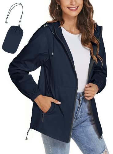 iWoo Veste Pluie Femme Veste de Pluie Femme avec Capuche à Manches Longues Manteau Imperméable Coupe-Vent Zippé pour Sport Voyage Camping Randonnée Vacance, Bleu Marine L