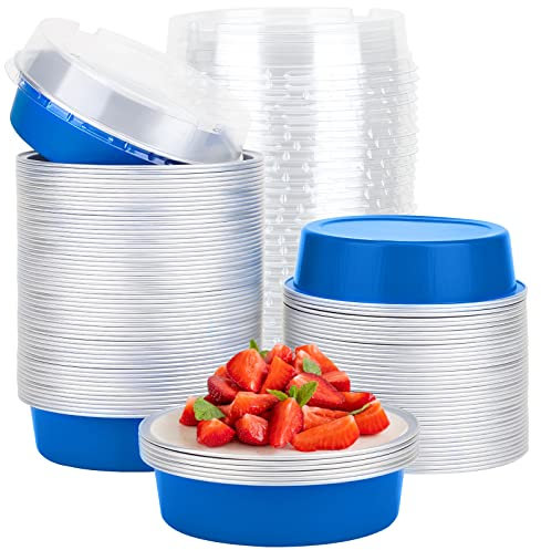 Beasea Lot de 100 mini moules à tartelettes jetables en aluminium avec couvercles, 10,2 cm, 227,8 g, bleu océan, petits récipients à tarte ronds pour dessert, cupcakes, muffins, cheesecake, ramequin,
