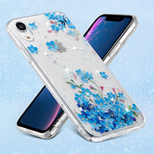 EYZUTAK Case for iPhone XR, Soft Transparent Bumper TPU Phone Cover Shockproof Slim Sequins Glitter Butterfly Flower Phone Protection Anti-Scratch Clear Back Phone Case - Blue Flower