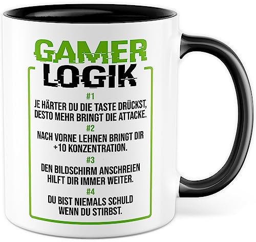 Geschenk Tasse Zocker, Gamer Logik Kaffeetasse für Computerspieler Kaffee-Becher Geschenkidee Teetasse mit Spurch lustig zocken Computer-Spiele Nerd Gaming (Weiß/Schwarz)