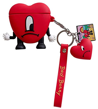 eglixu Funda para Airpods, funda para auriculares con forma de corazón, funda de silicona para auriculares 3D para Airpod 1 y 2 con el mismo llavero