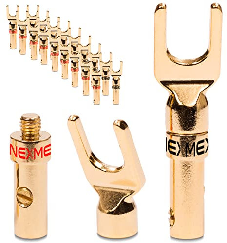 20x Kabelschuhe NEXMEX High End Stecker für Lautsprecherkabel Gabelschuhe Steckverbinder für Kabel bis 6mm² 24K vergoldet löt- oder schraubbar Flexibler Anschluss für HiFi-Boxen Verstärker Endstufen