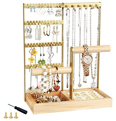 Flymer Schmuckständer, Schmuckhalter Halterung Schmuck Ständer Mehrschichtige Schmuck Ständer Ketten Schmuckaufbewahrung für Ketten Ohrringe Armbänder Ringe (Gold)