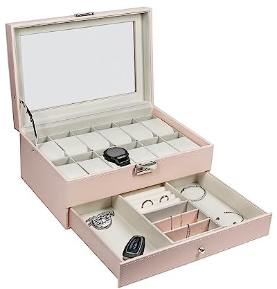 Ogrmar Aufbewahrungsbox für Uhren mit 12 Fächern, PU-Leder, abschließbar, für Damen und Herren, Rosa