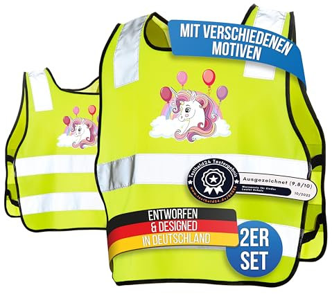 LAUTER SCHUTZ ® Warnweste Kinder (3-12 Jahre) Sicherheitsweste [2 Stück] für bessere Sichtbarkeit bei Tag und Nacht für Sport, Laufen, Fahrrad, Weg zur Schule & Auto (Reflektorweste - Einhorn)