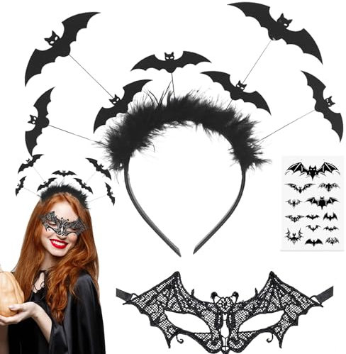 Qunkun Karneval Haarreif Set, Fledermaus Haarreif, Fledermaus Kostüm, Karneval Kostüm Damen Zubehör, Vampir Haarreifen, Fledermaus Tattoo Aufkleber, Karneval Stirnband Accessoires für Damen Kinder