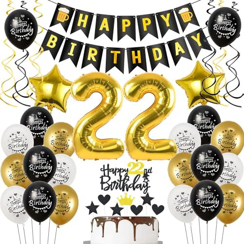 Deko 22 Geburtstag Deko Mann Frauen, Luftballon 22. Geburtstag Schwarz Gold, Geburtstagsdeko 22 jahre Mann Luftballon, Tortendeko 22. Männer Geburtstagsdeko 22 jahre für Frau