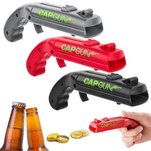 WuGU 3PCS Abrebotellas, Abridor de Cerveza Divertidos, Abridor de Cerveza Botellas Cap Gun con Pistola para Fiestas en Casa, Barbacoa al Aire Libre, Juego Creativo, Regalo Divertido (Rojo+Gris+Negro)
