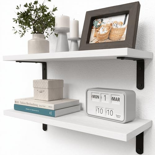 RICHER HOUSE Floating Shelves for Wall, 40cm, Solid Paulownia Wood, White