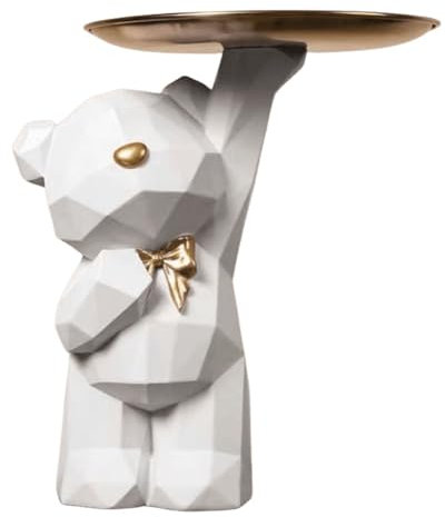 BLOOOK Statue Skulptur,Bär Figur Dekorative Tablett,Bären Skulpturen mit Dekotablett,Teddy Bär Deko Figuren Schlüsselschale,Dekoschale für Dessert Kosmetik Schmuck Kerzen (Weiß (A))