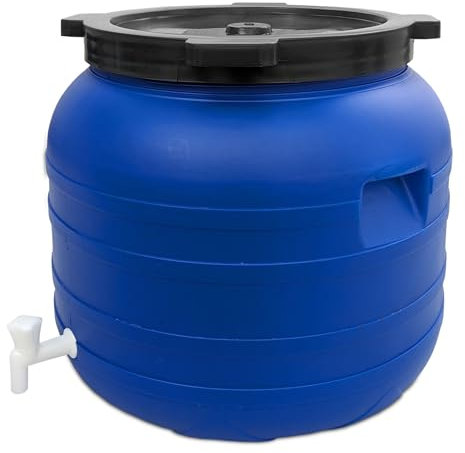 Plasteo® Barril de Boca Ancha de 100 Litros, Redondo Con Tapa de Rosca | Plástico, Universal, Apto para Alimentos | Agua, Lluvia, Almacenamiento | Asas