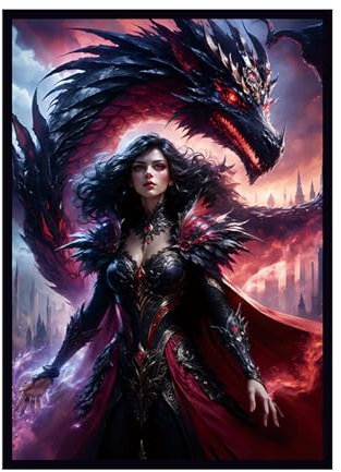 Katomula 100 Stück MTG-Kartenhüllen mit 100 Stück passgenauen Hüllen, matte Kartenhüllen mit Innenhüllen – passend für Karten in Standardgröße – Drache und Zauberin