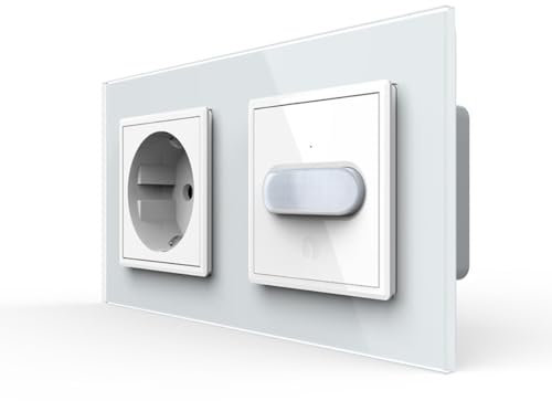 Livolo Steckdose und PIR Bewegungsmelder Sensor mit Touchschalter EIN/Aus automatische Lichtsteuerung bei Bewegung Unterputz Wandmontage Schuko Buchse EU Stecker 2-Fach Glasrahmen