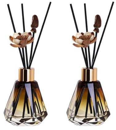 2PCS 60ML/2oz Empty Diamond Shaped Glass Diffuse Bottle Jars Essential Oil Fragrance Diffuser Set with Rubber Plug and Gold Lid Aromatherapy Storage Container Fragrance Accessories