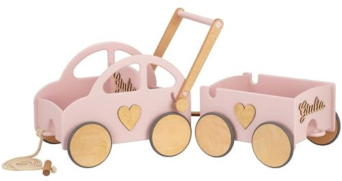 Holzwagen Kinder - Lauflernwagen Holz - Eigener Name - Leiterwagen für Kinder- Bollerwagen Holz - Solide mit Einer Schnur für kleine Kinder - Bollerwagen Holz Kinder (Puderrosa)