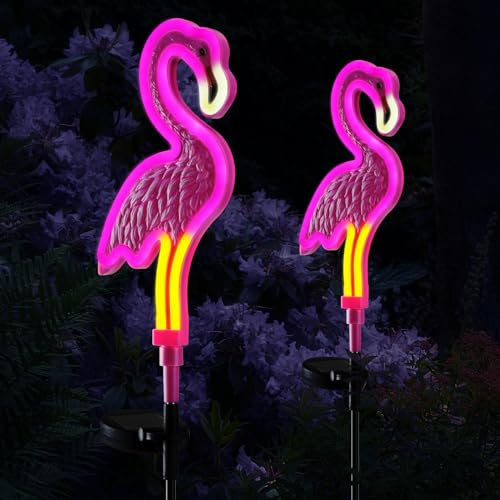 Flamingo Solar Lights Outdoor Decor, Solar Pink Flamingos Outdoor for Yard Decorations,Pink Neon Solar Flamingo Garden Lights for Outside,Pathways,Patio or Lawn Decor(2Pack)