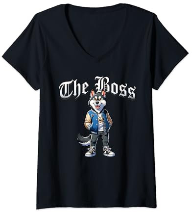 Damen Shepsky Hundejacke mit Hunde-Motiv The Boss T-Shirt mit V-Ausschnitt