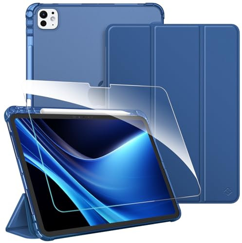 FINTIE Coque pour iPad Pro 11 Pouces M5/M4 (2025/2024) - [1 Verre Trempé & Rangement de Stylet] Coque Translucide Givrée, Étui Fin Léger, Housse Arrière Souple en TPU, Bleu Naval