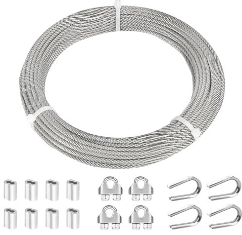 TooTaci 3mm Edelstahl Drahtseil Set, 15M Stahlseil mit Drahtseilklemme & Crimphülsen, Perfekt für Rankgitter, Zaunbefestigung, Beleuchtung & DIY-Projekte