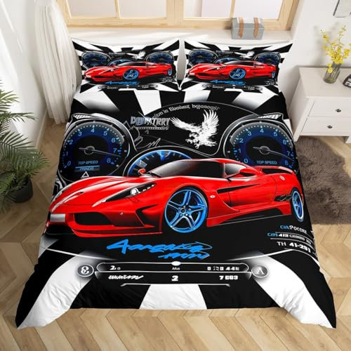 Homemissing Rot Schwarz Race Auto Betten Set Race Sports Auto Bettwäsche Set 135x200cm Eagle Racing Auto Bettbezug Set für Kinder Jungen Mädchen Speed Sports Auto Bettdeckenbezug Weicher 2Stück