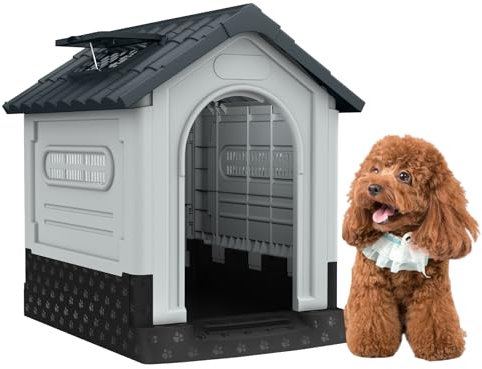 Froadp Hundehütte Kunststoff Hundehaus mit Lüftungsgitter, Oberlicht und Erhöhtem Boden Haustierhaus 65 x 56.5 x 67 cm Wetterfest und Isoliert Haustierhütte für Draußen und Drinnen, Grau