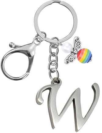 Porte-clés pour homme et femme en métal avec lettre de l'alphabet personnalisable avec breloque ange, cadeau d'amitié, cadeau de 18e anniversaire, porte-clés de voiture (W)