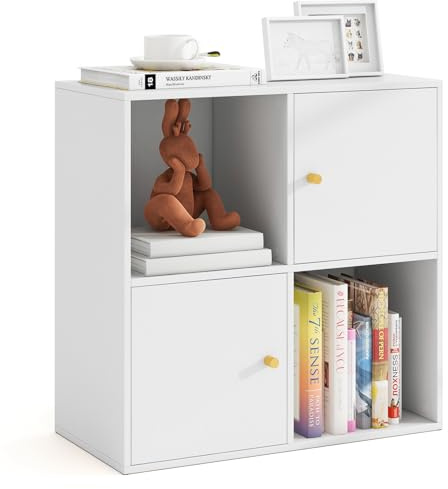 COSTWAY 4-Cube Bookcase, 3-Tier Bookshelf Open Display Shelving Unit with Dual Anti-Tipping Kits and 2 Cabinets, Wooden Display Shelf Storage Organizer for Home Office, Living Room & Bedroom (White)