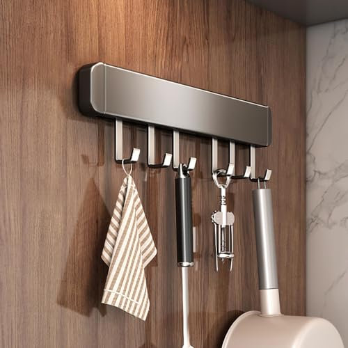 XXHNBF Kitchen Utensil Hooks, Utensil Hanging Racks Wall Mounted, Self Adhesive Under Cabinet Tools Hanger Organizer Hook Punch for Kitchen Bathroom(Grey,With 6 Hooks 30cm)
